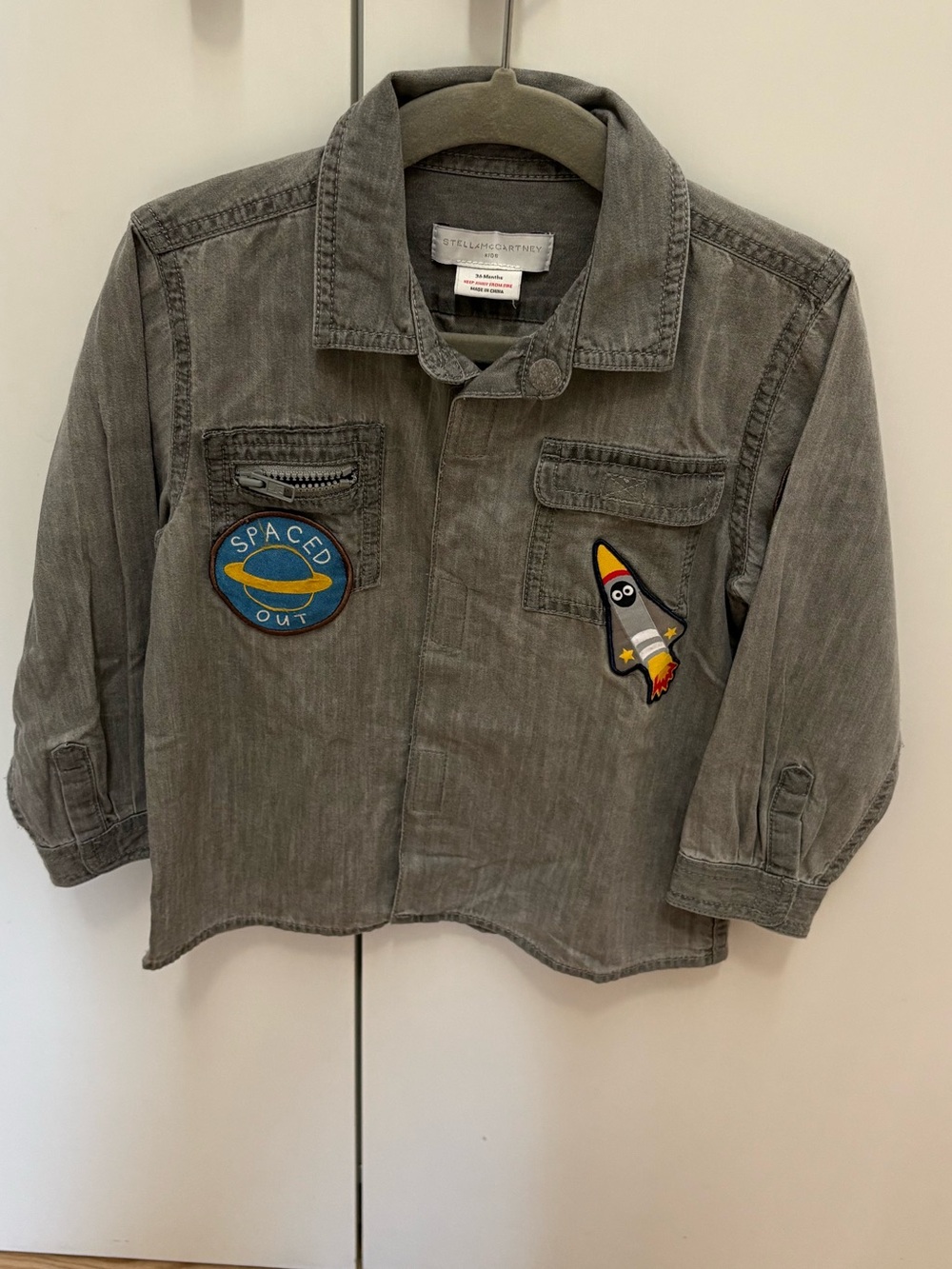 Stella McCartney grey denim space toddler boy long sleeve button up shirt 3T 36